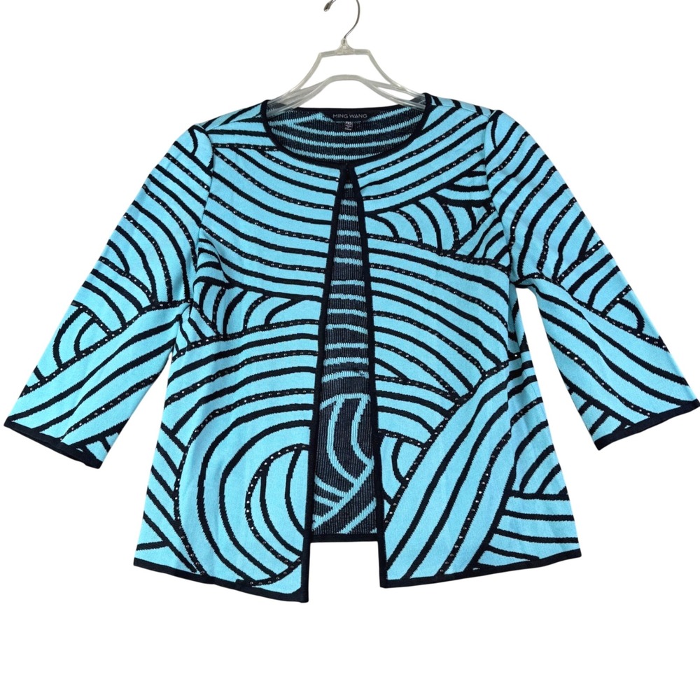 Ming Wang PXS Turquoise Black Swirl Knit Jacket Studded 3/4 Sleeve Cardigan VTG